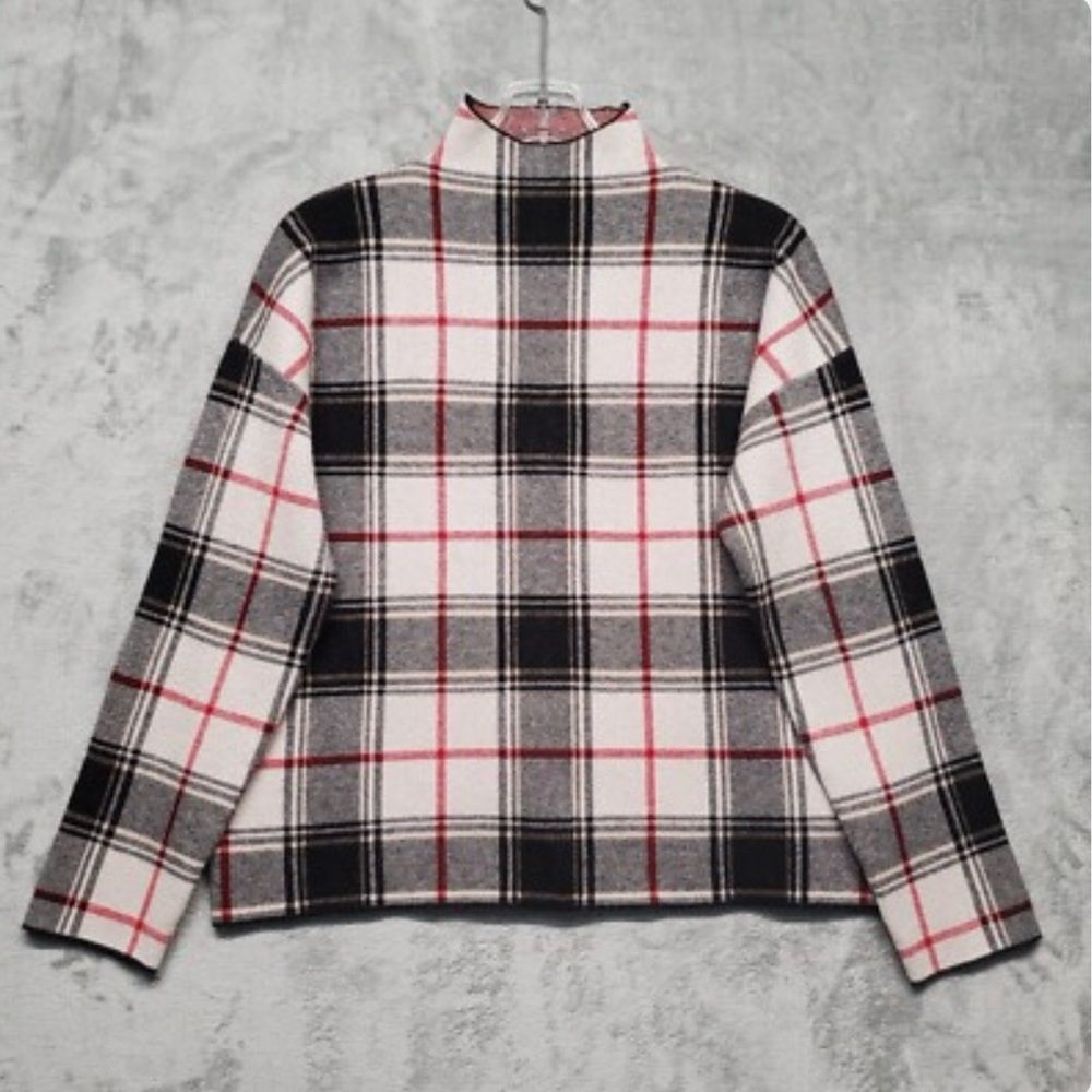Tahari Sweater Womens Medium Black Cream Red Plaid Mock Neck Long Sleeve